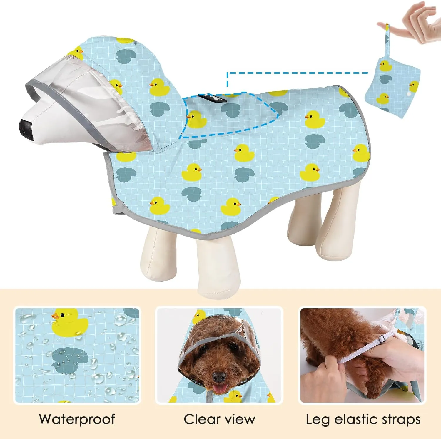 SlowTon Dog Raincoat, Adjustable Dog Rain Jacket Clear Hooded Double Layer, Waterproof Poncho with Reflective Strip Straps and Storage Pocket for Small Medium Large Dogs Puppies(DK M)