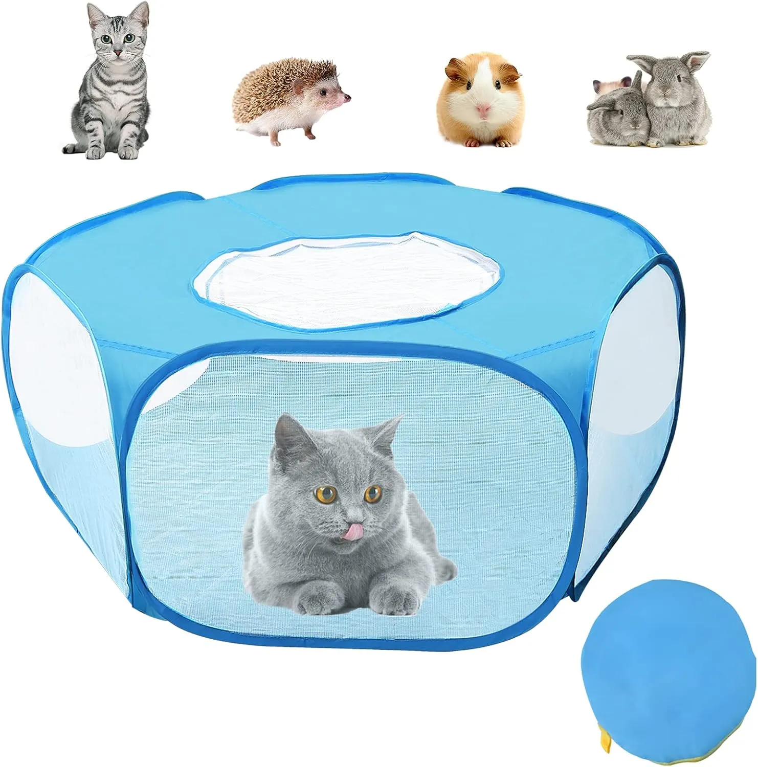 Small Animals Playpen with Anti Escape Zippered Cover Portable Breathable & Waterproof Indoor Exercise Yard Fence Cage Tent for Cats Puppy Guinea Pig Hamster Chinchillas Rabbits (Blue)