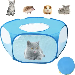 Small Animals Playpen with Anti Escape Zippered Cover Portable Breathable & Waterproof Indoor Exercise Yard Fence Cage Tent for Cats Puppy Guinea Pig Hamster Chinchillas Rabbits (Blue)
