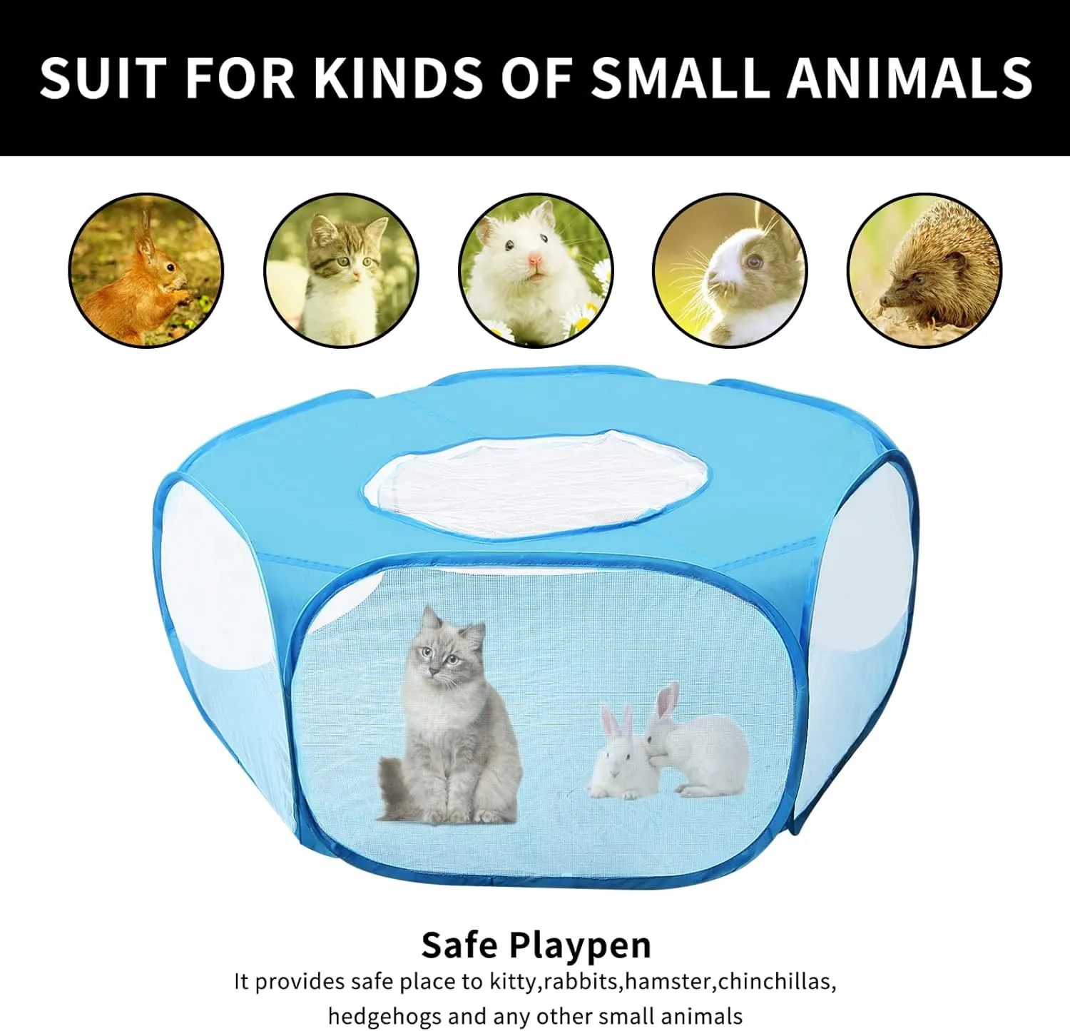 Small Animals Playpen with Anti Escape Zippered Cover Portable Breathable & Waterproof Indoor Exercise Yard Fence Cage Tent for Cats Puppy Guinea Pig Hamster Chinchillas Rabbits (Blue)