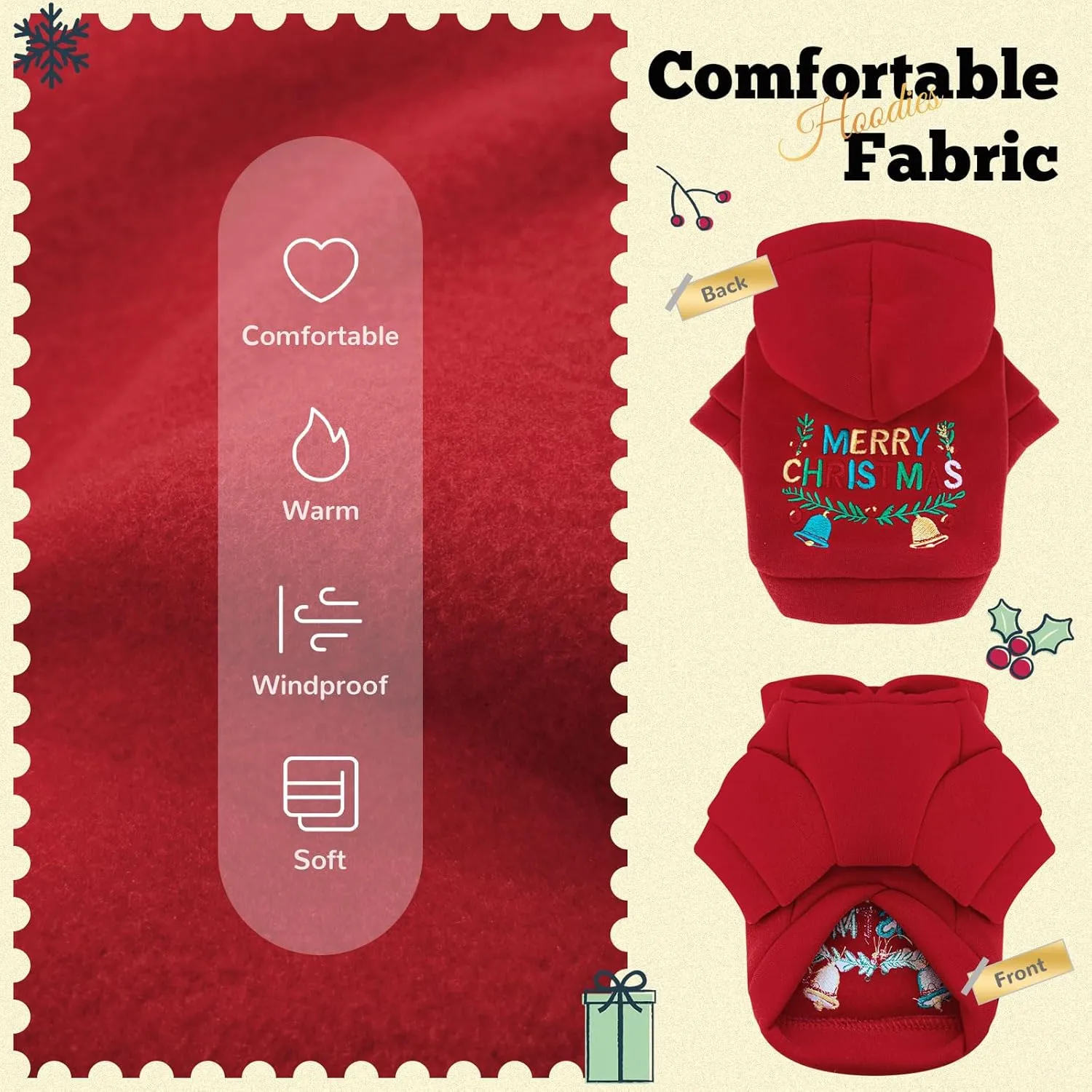 Small Dog Hoodie Clothes Red Christmas Dog Outfit Warm Fleece Dogs Sweater for Small Dogs Cat Boy Girl Cute Puppy Sweatshirt with Leash D Ring Xmas Doggy Costume Chihuahua Yorkie Shihtzu(Red,L)