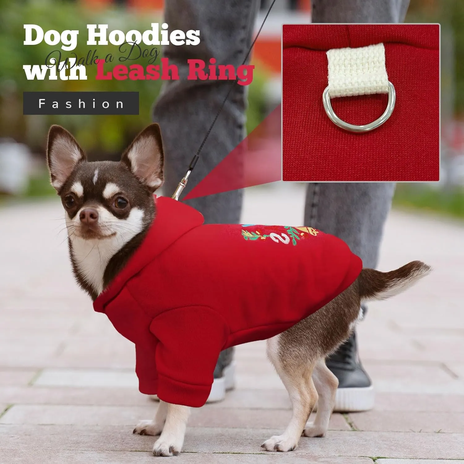 Small Dog Hoodie Clothes Red Christmas Dog Outfit Warm Fleece Dogs Sweater for Small Dogs Cat Boy Girl Cute Puppy Sweatshirt with Leash D Ring Xmas Doggy Costume Chihuahua Yorkie Shihtzu(Red,L)