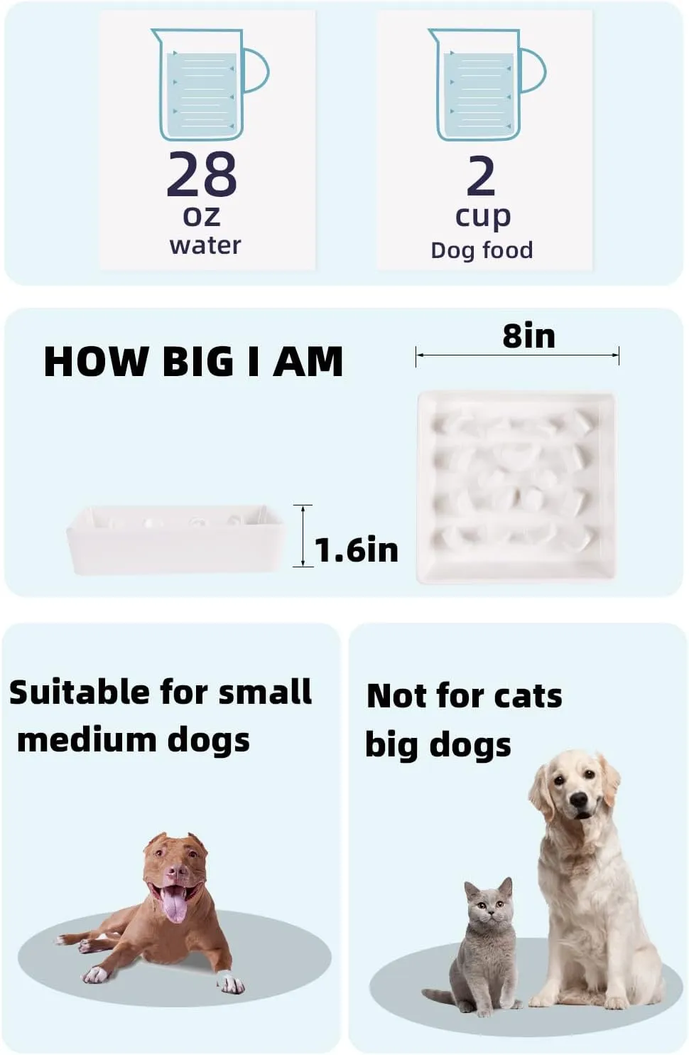Square Slow Feeder Dog Bowls, Ceramic Fun Slow Eater Bowl for Small Medium Breed (White)