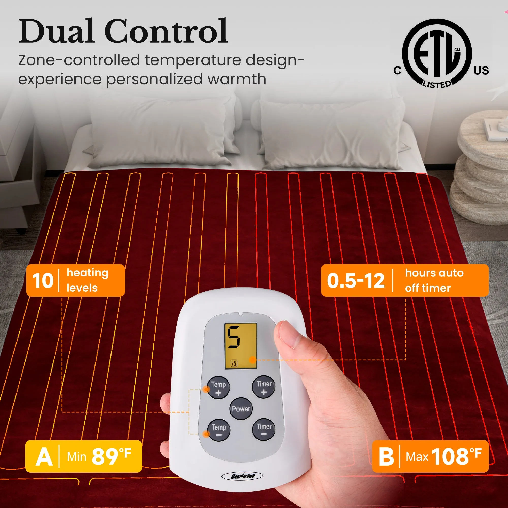Sunvivi Electric Heated Blanket, 100" x 90" King Size Electric Blanket with 10 Heating Levels and 12 Hours Auto-Off, Soft Velvet Blanket with ETL & FCC Certification, 5 Year Warranty