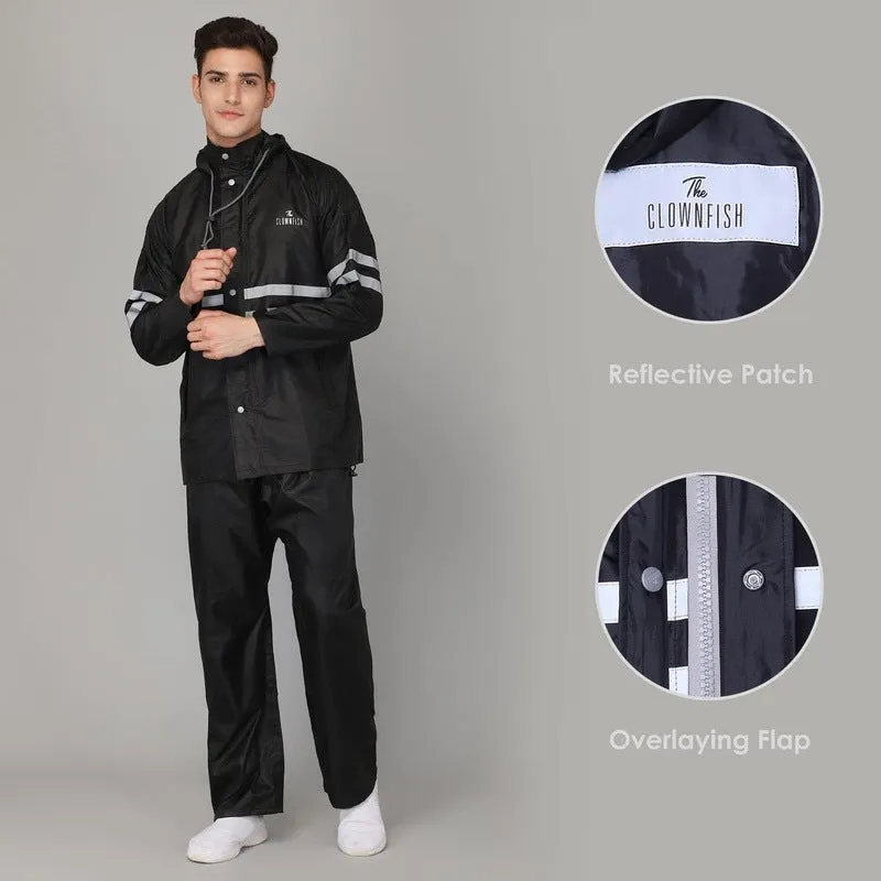 THE CLOWNFISH Darius Series Men's Waterproof Polyester Raincoat with Hood and Reflector Logo at Back for Night Travelling. Set of Top and Bottom. Printed Plastic Pouch with Rope (Blue, Large)