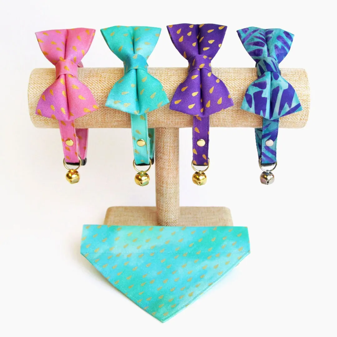 Turquoise Cat Bow Tie - "Splash - Aqua Ombre" - Aquatic Water Raindrops Bow Tie for Cat / Teal, Mint, Summer / Cat   Small Dog