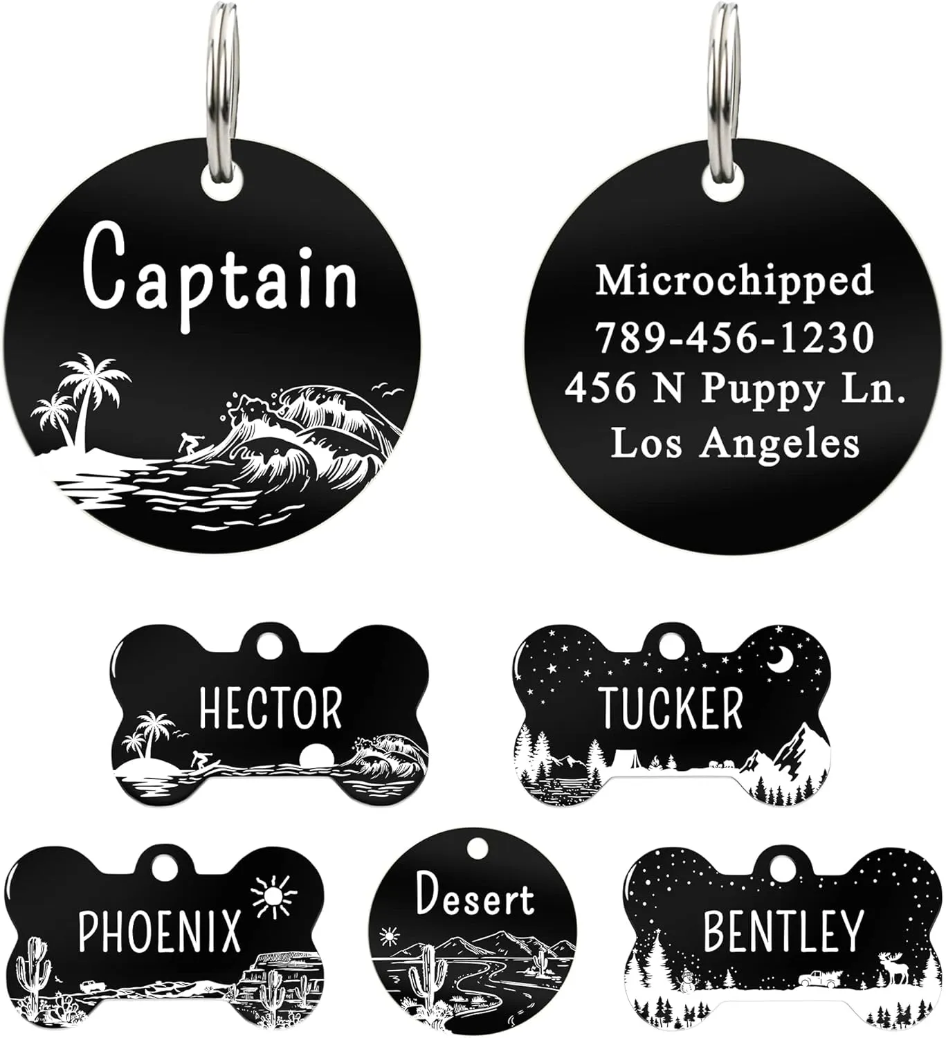 UltraJoys Stainless Steel Pet ID Tag Dog Name Tags Personalized Front and Back Engraving, Customized Dog Tags and Cat Tags, Optional Engraved on Both Sides, Round Tag with Ocean Surfing Design, Small