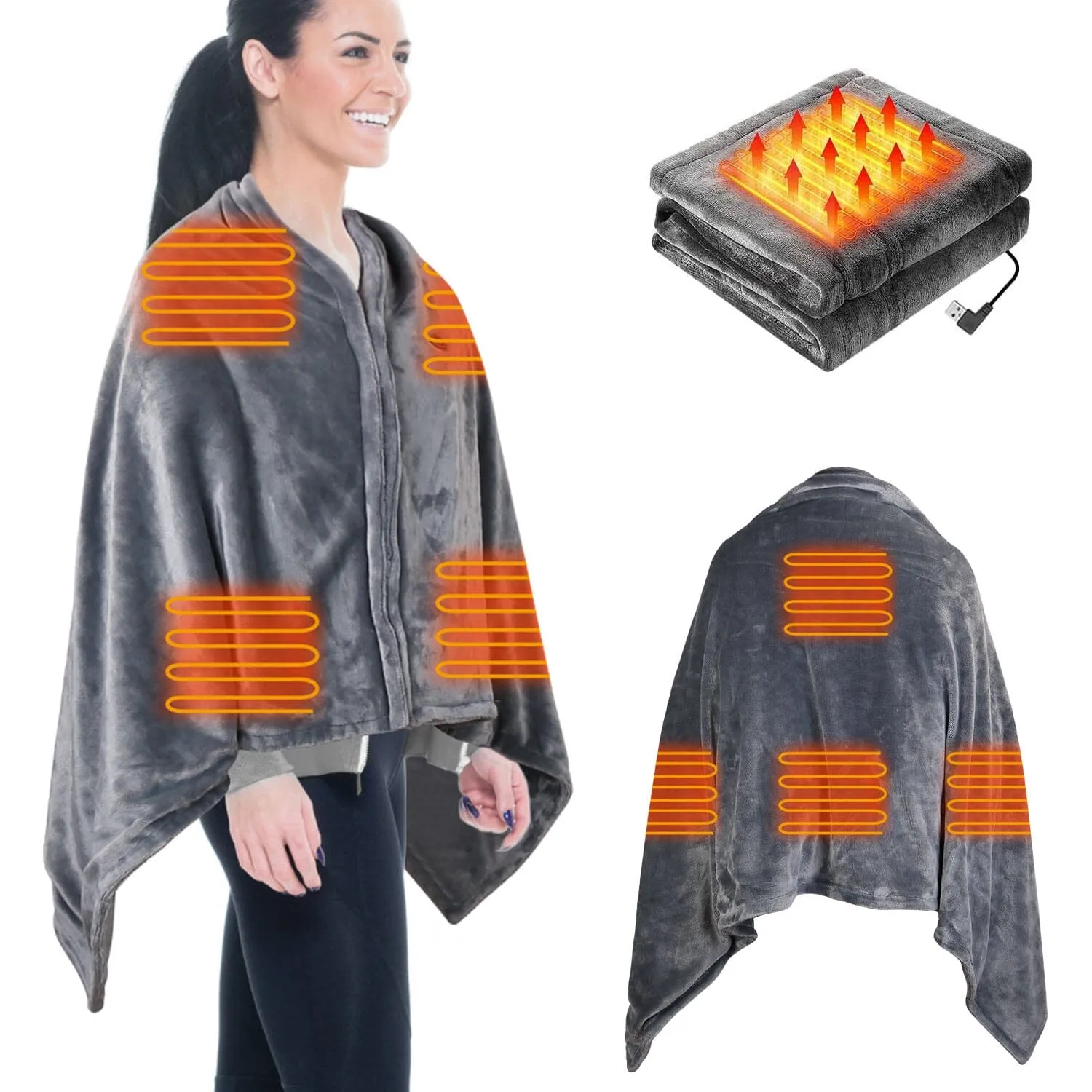USB Heated Blanket Poncho Shawl Wrap Throw with Zipper Washable