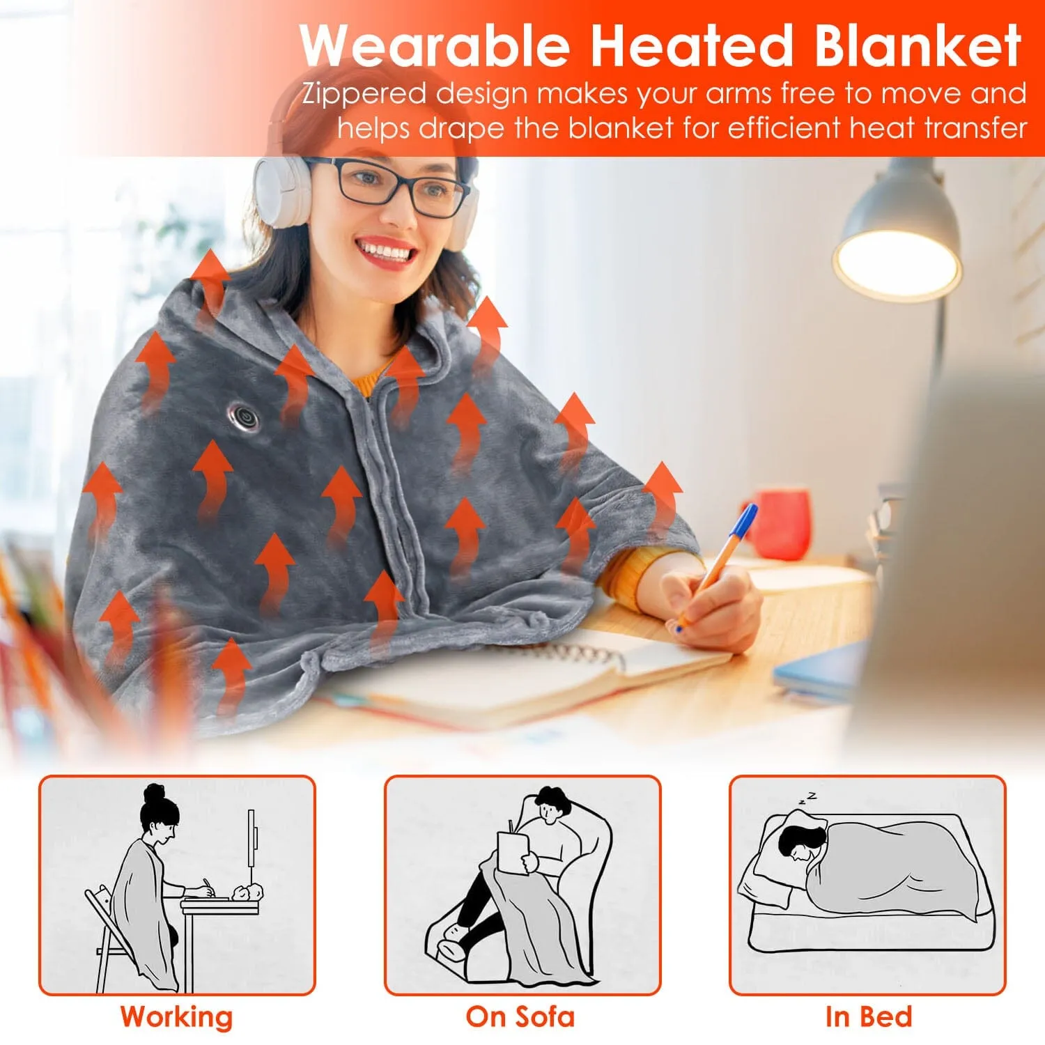 USB Heated Blanket Poncho Shawl Wrap Throw with Zipper Washable