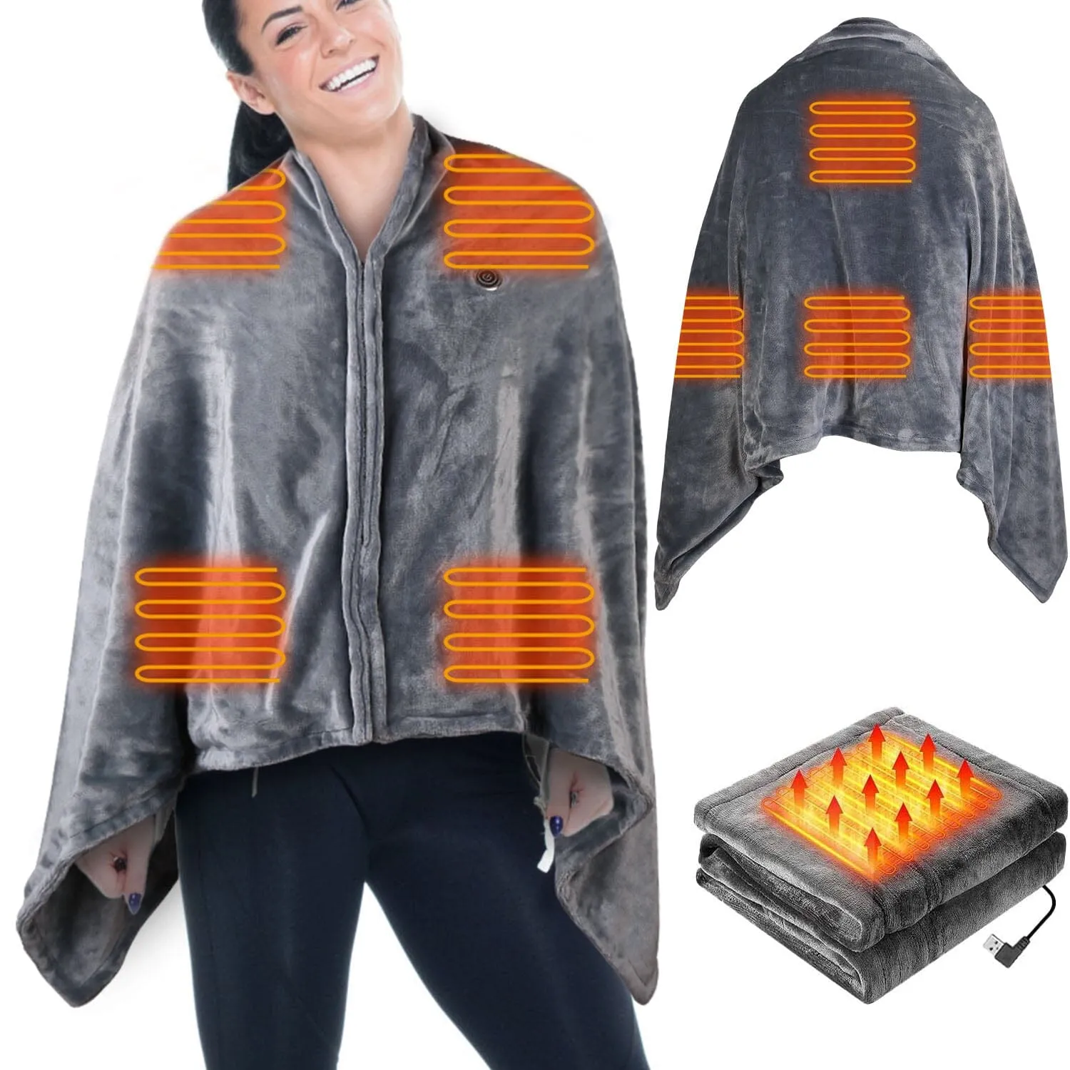 USB Heated Blanket Poncho Shawl Wrap Throw with Zipper Washable