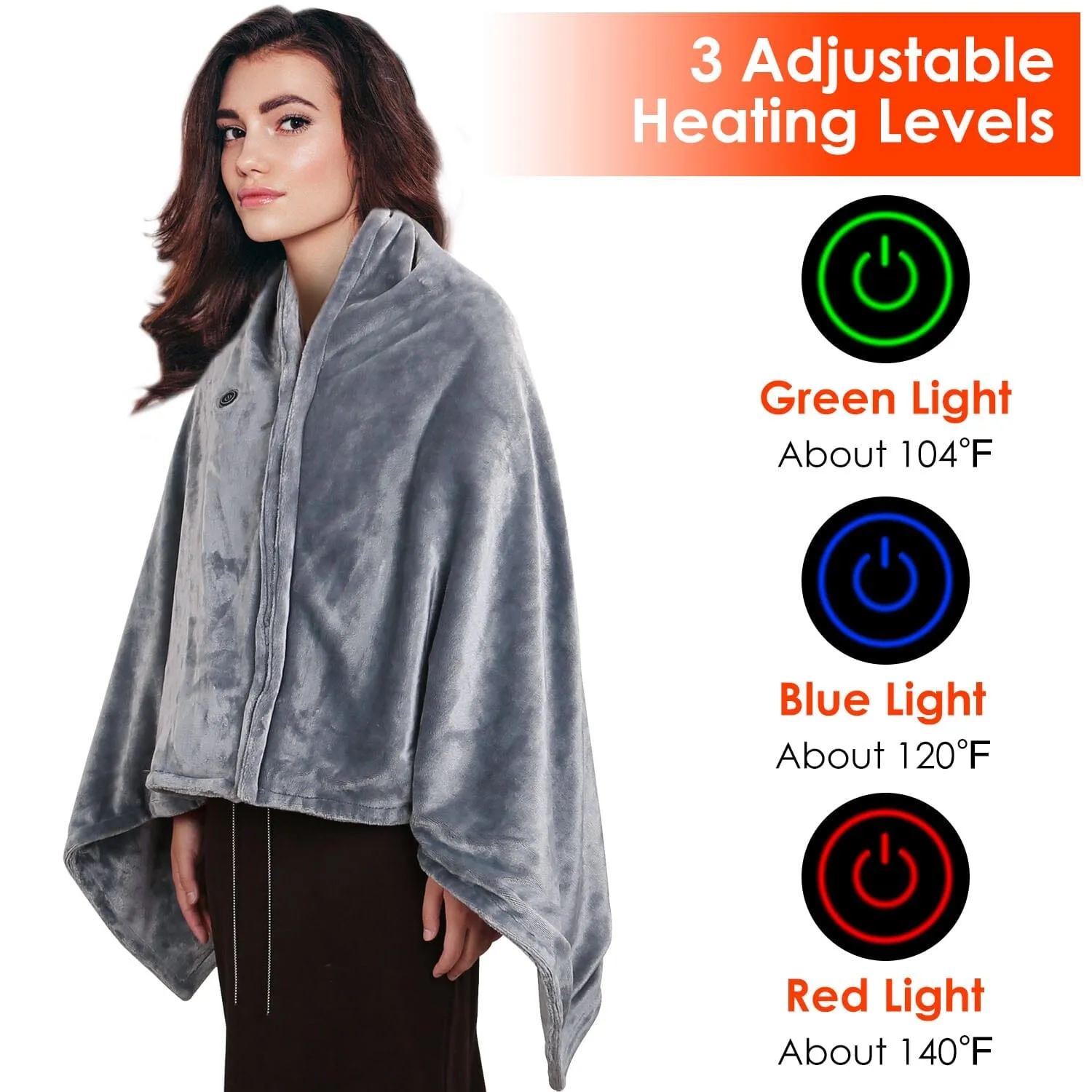 USB Heated Blanket Poncho Shawl Wrap Throw with Zipper Washable