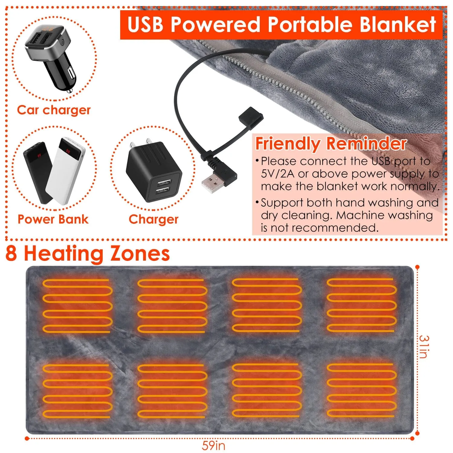 USB Heated Blanket Poncho Shawl Wrap Throw with Zipper Washable