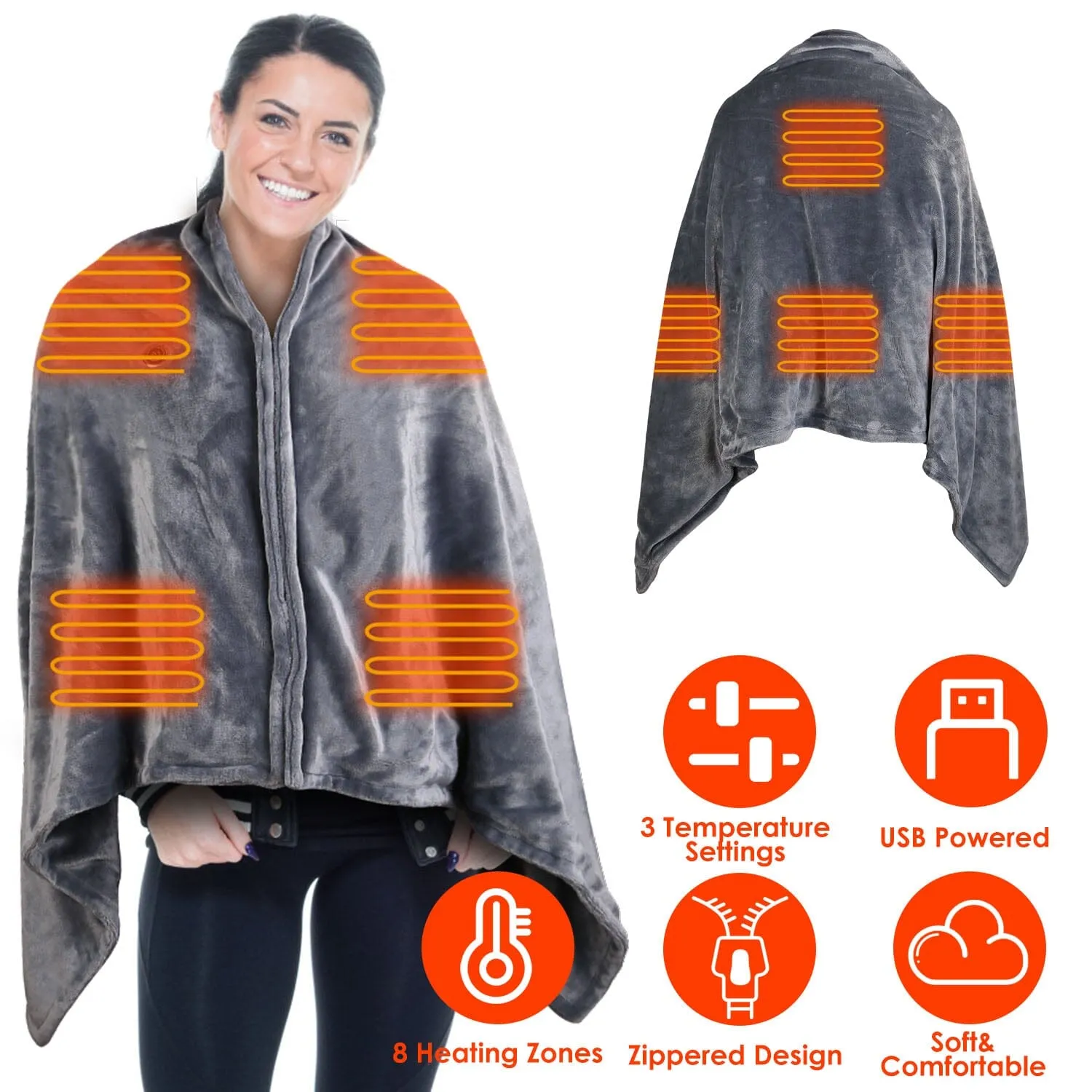 USB Heated Blanket Poncho Shawl Wrap Throw with Zipper Washable