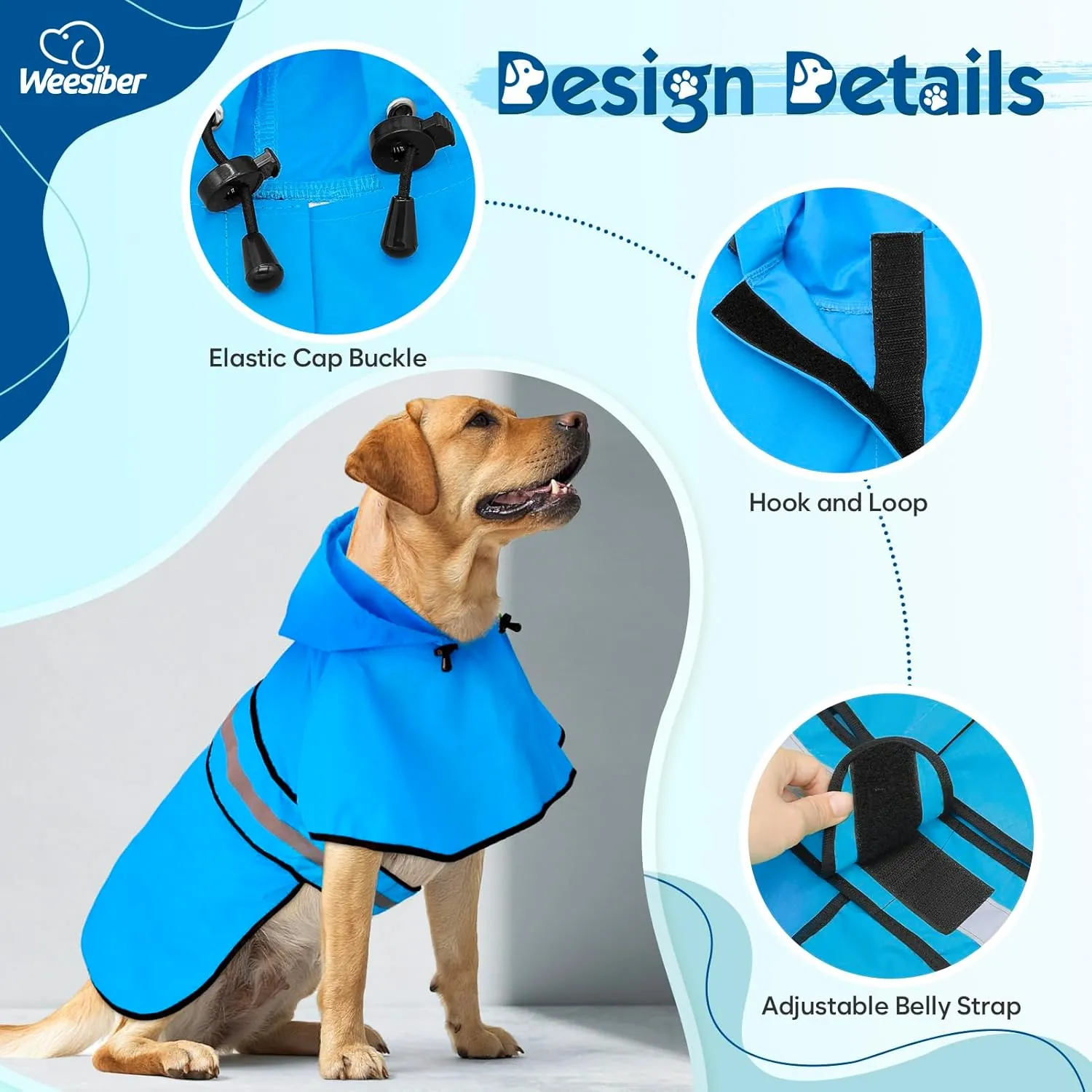 Weesiber Dog Raincoat, Adjustable Waterproof Dog Rain Jacket Poncho with Reflective Strip and Leash Hole, Lightweight Pet Rain Coat for Small to X-Large Doggos (XL, Blue)