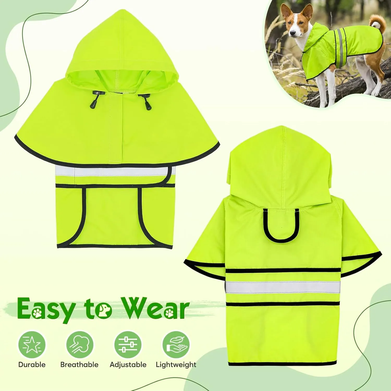 Weesiber Dog Raincoat, Waterproof Dog Rain Jacket with Leash Hole, Reflective Puppy Rainwear Hooded Pet Poncho Slicker for Walking (XL, Green)
