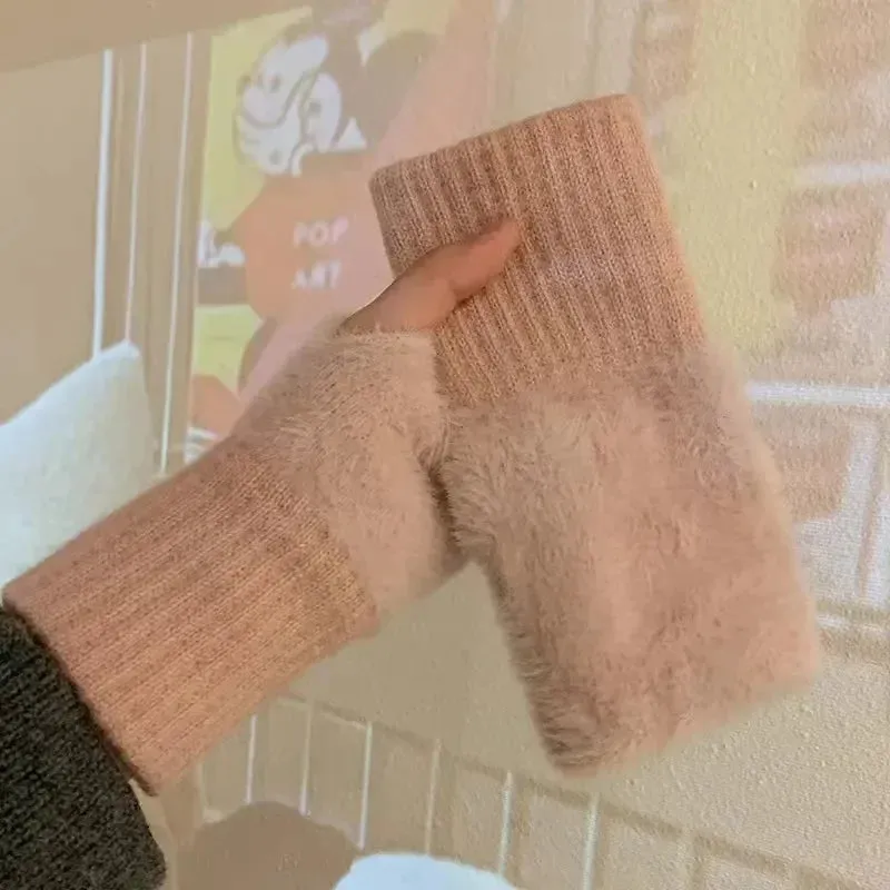 Women's Mink Fleece Half-Finger Gloves – Soft/Plush